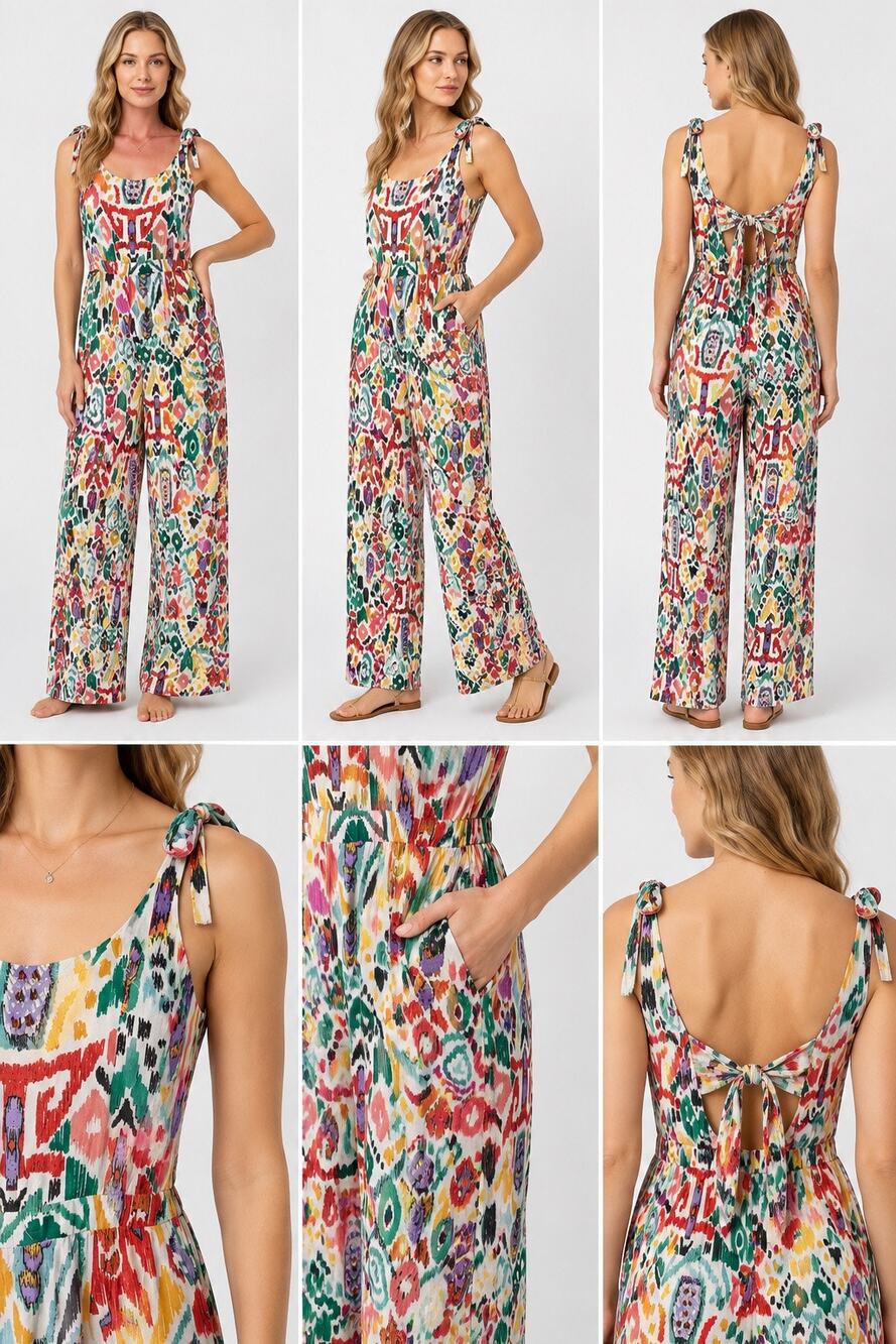 Christian Siriano New York XS Multicolor Abstract Print Wide Leg Jumpsuit Tie